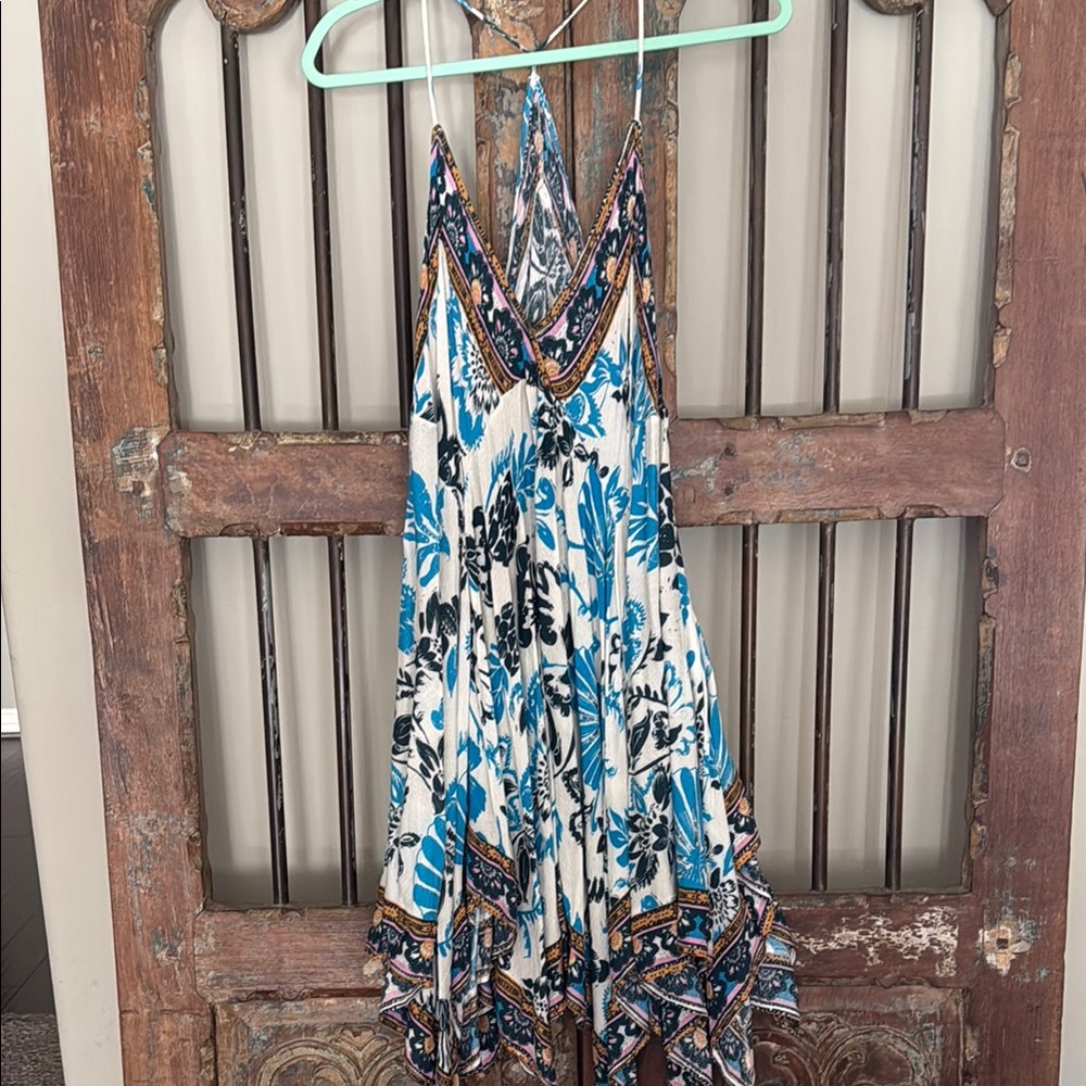 Free People Blue and Black Sleeveless Sundress with Halter Neckline